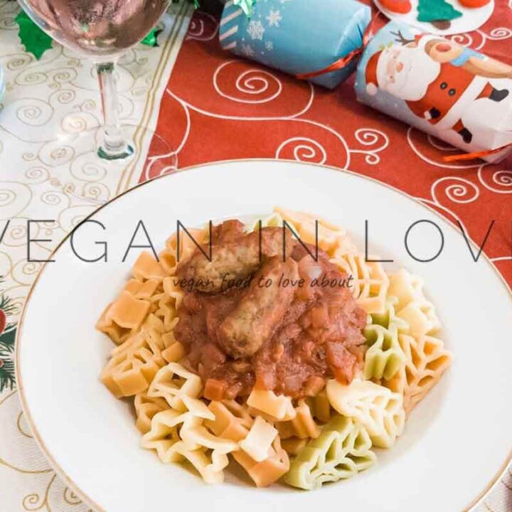 Christmas pasta with tomato and vegan sausage sauce.