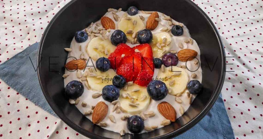 Super easy and quick to make this healthy vegan yogurt breakfast. This delicious and gluten-free breakfast can be enjoyed with your favorite fruits & nuts.
