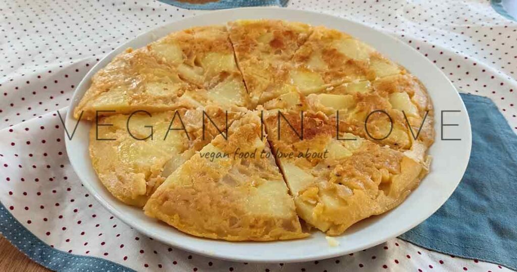 Easy Spanish omelette made of potatoes, onions, & chickpea flour. This eggless and gluten-free Spanish tortilla is great for breakfast, a side dish, tapas, etc.