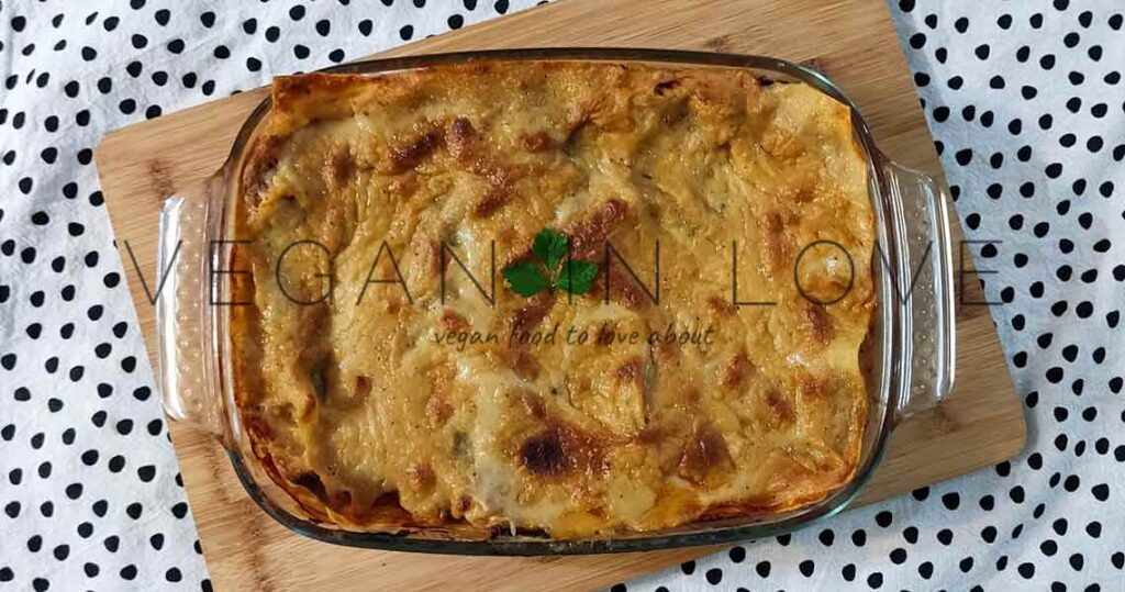 Delicious, warm, and comforting vegan lasagna made with red lentils and mushrooms. This vegan recipe has bechamel and bolognese sauce meat, egg, and dairy-free!