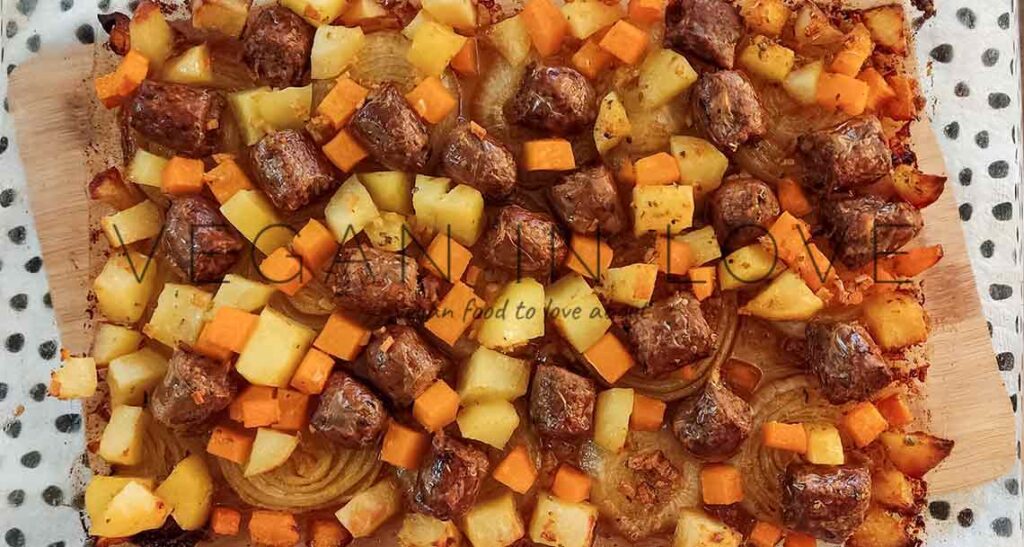 Easy and delicious roasted vegetables with sausages. This great recipe can be prepared in minutes and cooked without much effort, which is ideal to make on a busy day.