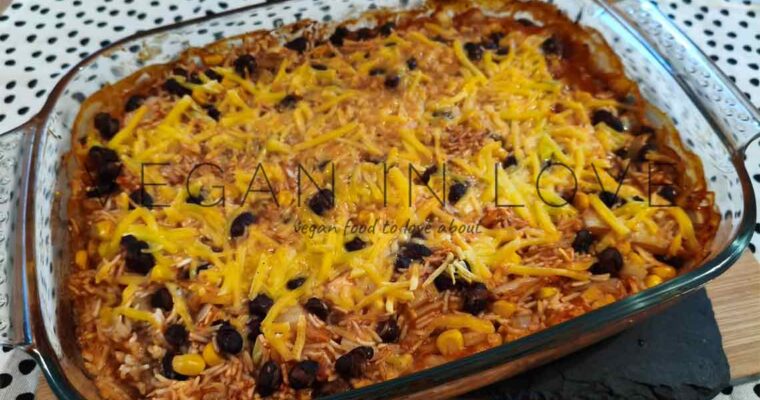 VEGAN CHEESE RICE ENCHILADA BAKE WITH BEANS – EASY